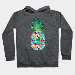 tropical exotic  pineapple, botanical illustration, floral tropical fruits, blue turquoise fruit pattern over a Hoodie